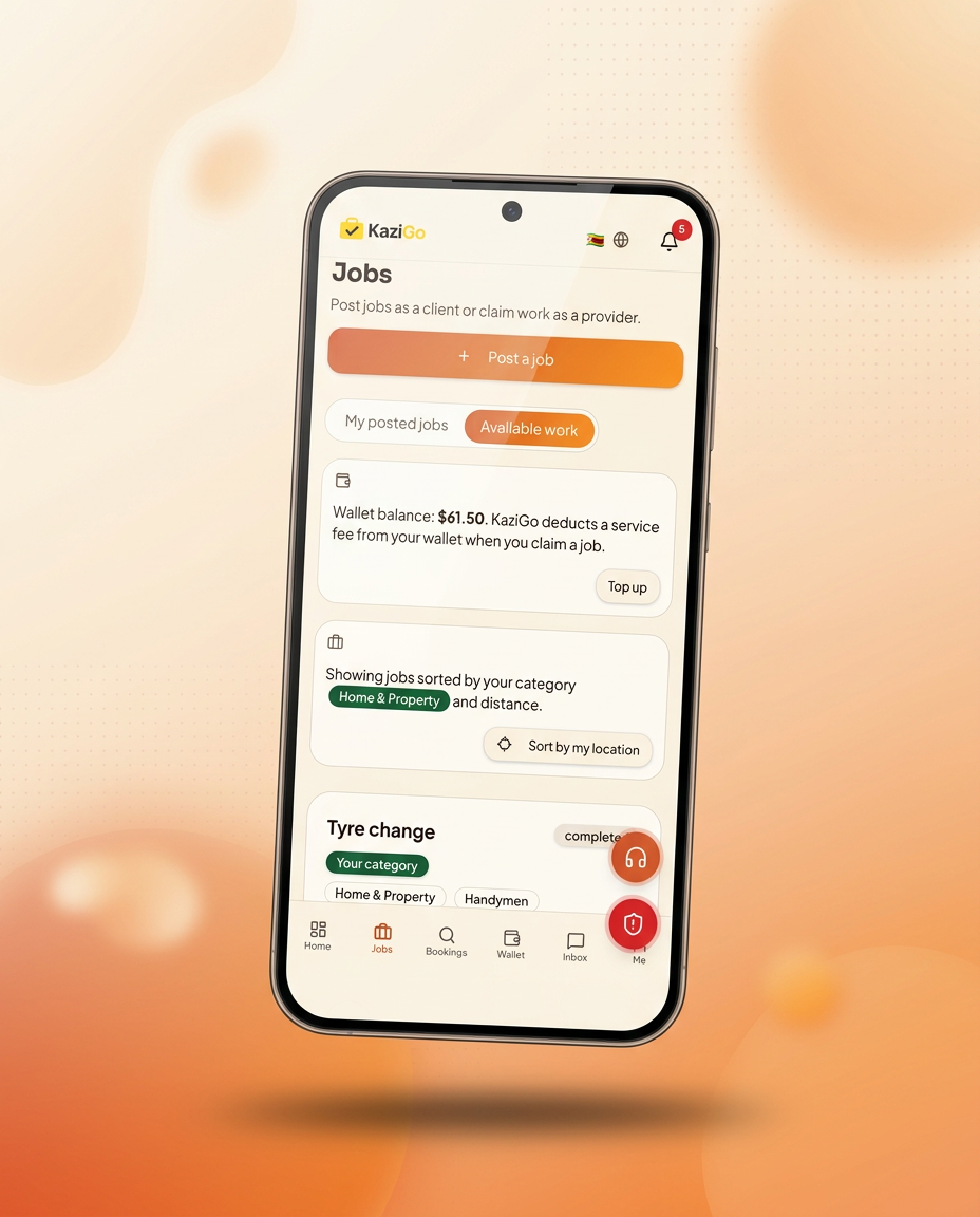 KaziGo mobile app showing service categories and provider ratings